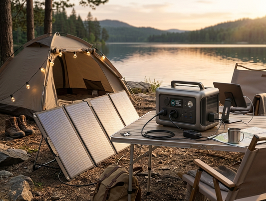 Kit solaire portable avec panneaux solaires alimentant appareils en camping pres dun lac