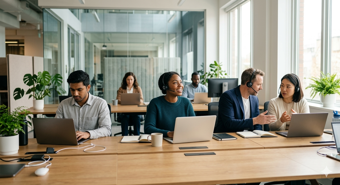 Equipe support client travaillant ensemble dans un bureau pour accompagner les clients Helivon